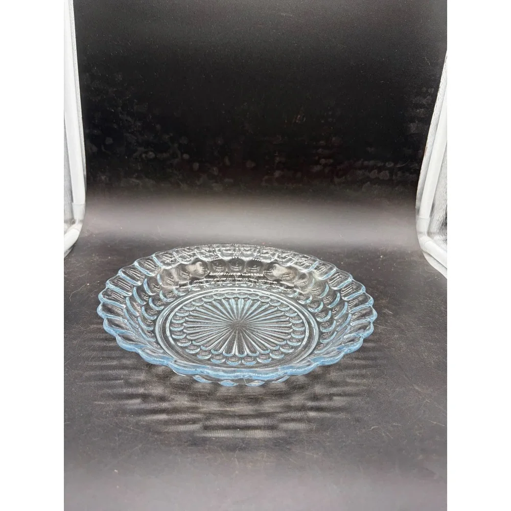 Vintage Light Blue Pressed Glass Scalloped Bubble Hobnail Dish Bowl 7.5 Inch